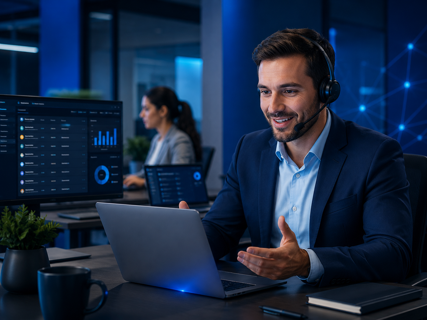 B2B sales professional speaking with a prospect online while managing sales opportunities on a laptop